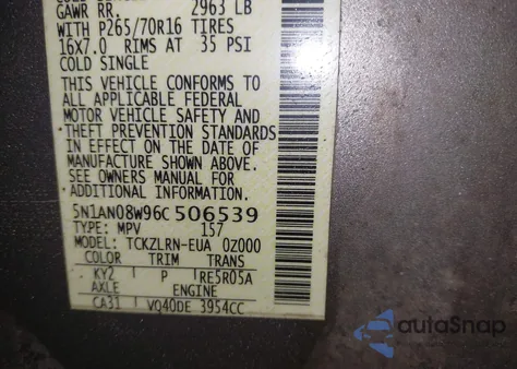 2006 Nissan Xterra S из США, поврежденный, VIN 5N1AN08W96C506539